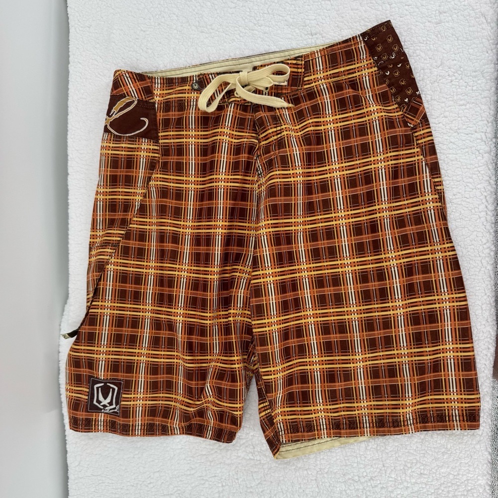 RedSand Brown Yellow‎ Orange Pattern Drawstring Closure Side Plaid Boardshorts